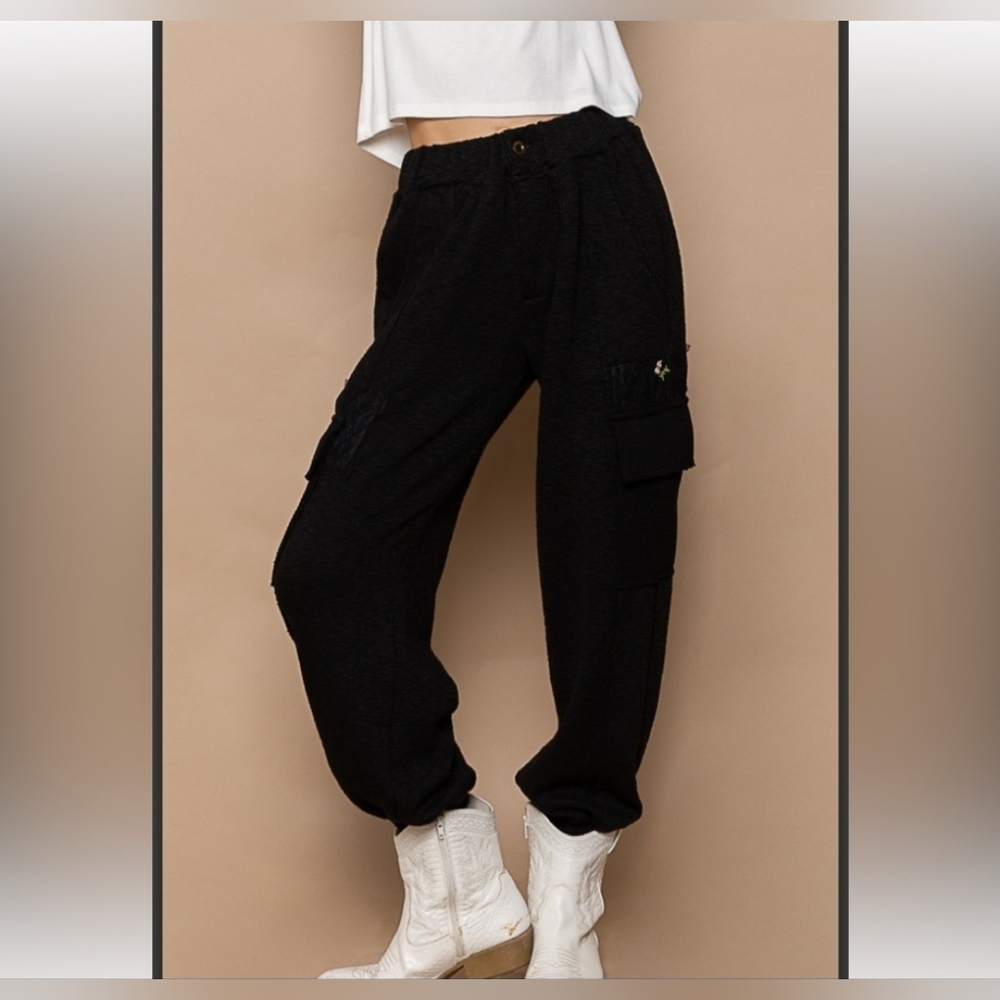 POL - Cargo Black Joggers with Lace Patch and embordered flower Size MED